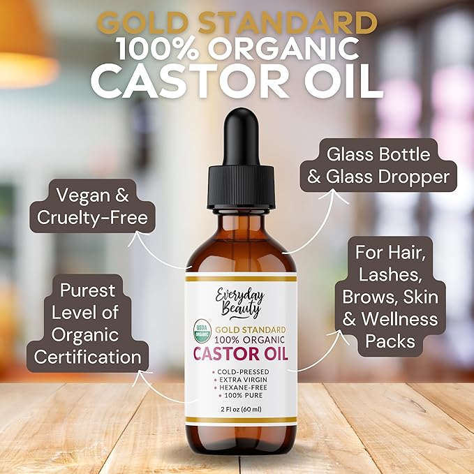 100% Organic Castor Oil - Gold Standard 100% Pure Certified USDA Organic in Glass Bottle & Glass Dropper, Cold Pressed & Hexane-Free, For Lashes, Brows, Hair, Skin & Wellness Packs -2oz