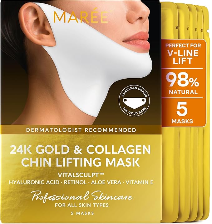 MAREE V Line Lifting Mask with 24K Gold - Deep Collagen Jawline Shaper with Retinol for Face Lift - Facial Skincare Chin Strap - Hyaluronic Acid, Vitamin E | V Lifting Face Mask