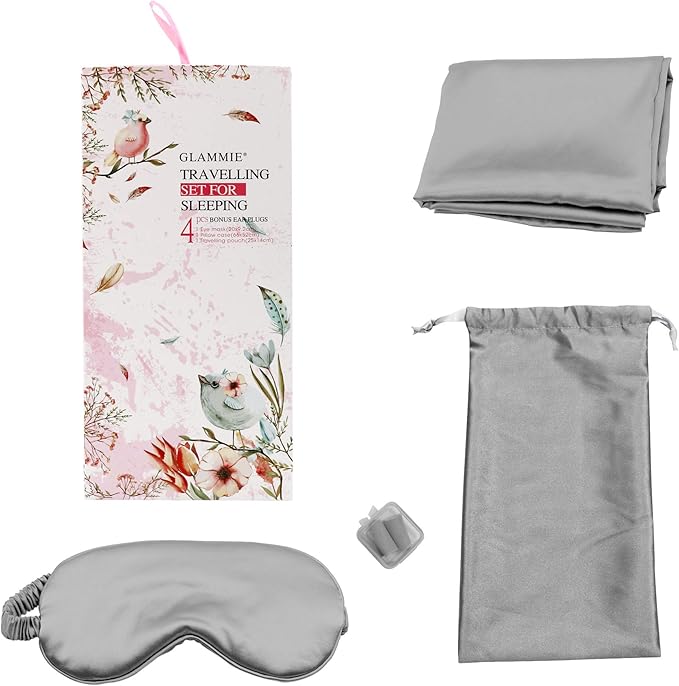 Satin Sleep Mask Set - Authentic Skin-Friendly Fabric Light-Blocking Sleeping Eye Mask with Adjustable Strap, Pillowcase, Earplugs for Noise Reduction, Essentials for Relaxation (Grey)