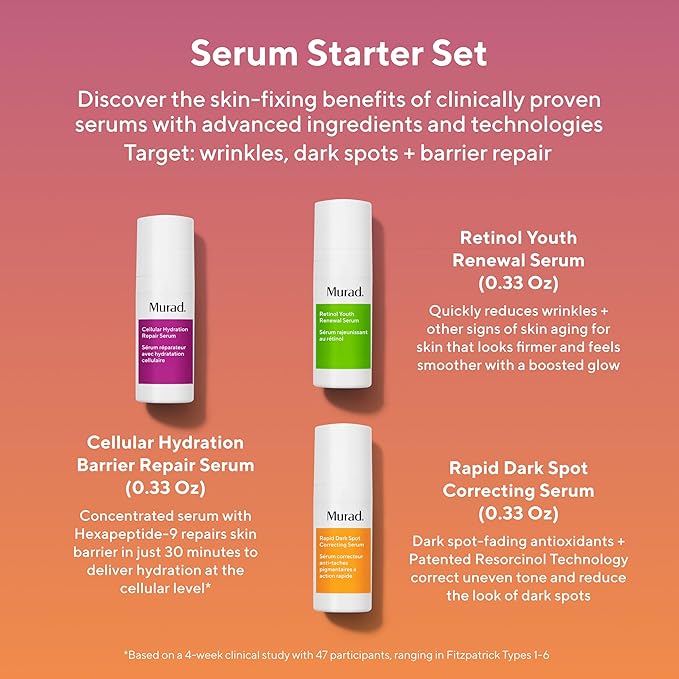 Murad Serum Starter Kit - 3-Piece Trial Kit ($86 Value) - Clinical Serums for Wrinkles, Dark Spots, & Repair - Retinol Serum 0.33Fl Oz, Dark Spot Serum 0.33Fl Oz, Cellular Hydration Serum 0.33Fl Oz