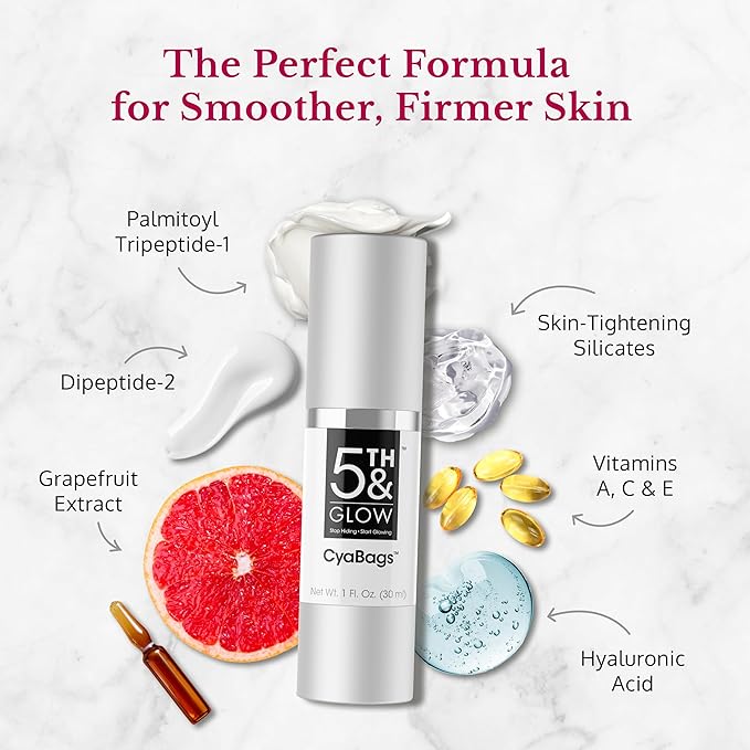 5th & Glow Cyabags - Eye Serum - Instant Eye Bag Remover and Eye Puffiness Reducer with Hyaluronic Acid and Vitamin C for Fine Lines, Wrinkles, and Under Eye Bags, 1 oz