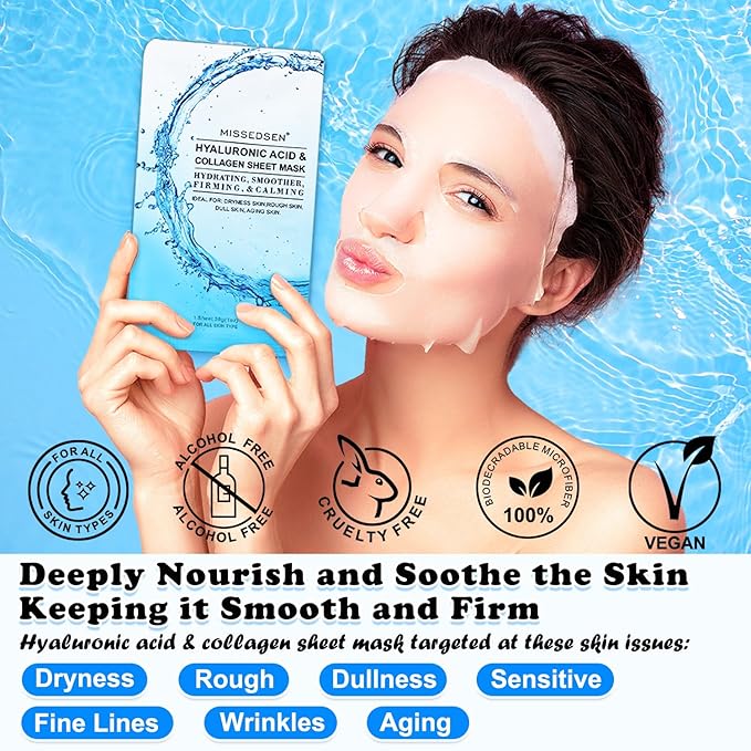 Collagen Face Mask Skincare For Women Hyaluronic Acid Moisturizing Firming Calming Hydrating Pore Treatment of Different Ages and Skin Types Urban Beauty Secret 12 PCS