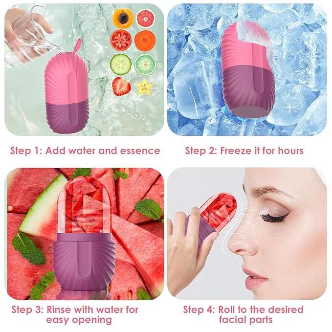 Ice Face Roller, Silicone Facial Ice Roller, Reusable Skin Care Massager Tools for Relieve Puffiness, Tighten Skin, Shrink Pores Shell Rose Red