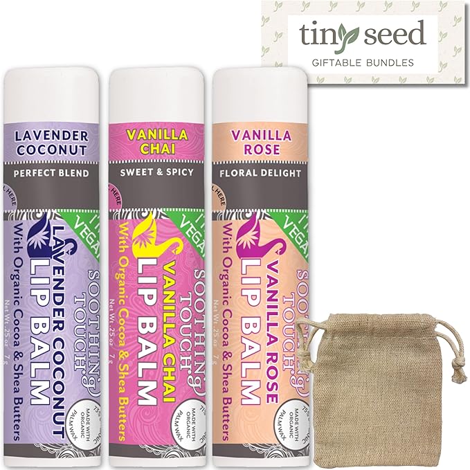 Vegan Lip Balm Set - Variety Pack of 3 Soothing Touch Lip Balms. Includes Bonus Muslin Pouch (3 x 4 in). Unique Gift Bundle from Tiny Seed (Lavender Coconut, Vanilla Chai, Vanilla Rose)