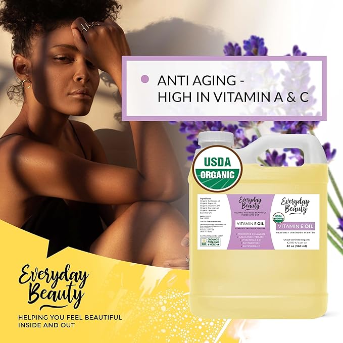 Organic Vitamin E Oil - Bulk 32 oz Heavenly Lavender Scented USDA Certified 100% All Natural Plant Based - Great for Scars After Surgery - For Face, Skin and Nails - Reduce Wrinkles, Anti Aging