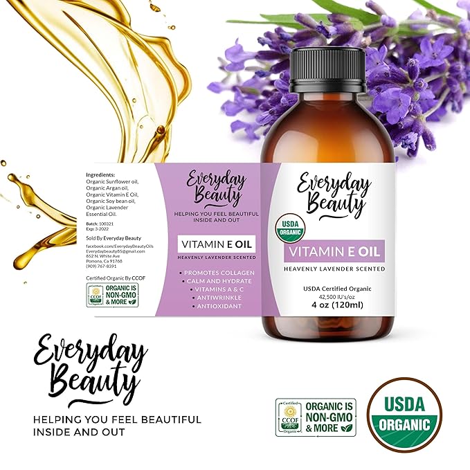 Organic Vitamin E Oil - Heavenly Lavender Scented USDA Certified 100% All Natural Plant Based 4oz - Lightweight and Great for Scars After Surgery - For Face, Skin and Nails