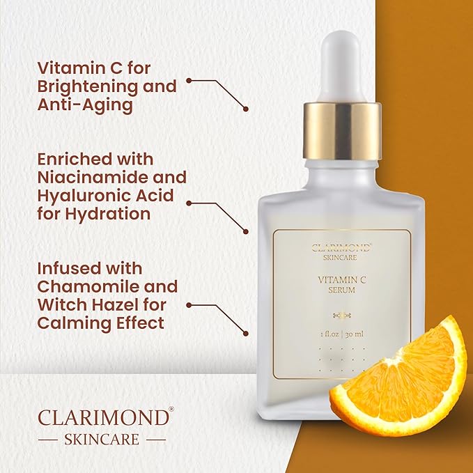 CLARIMOND Vitamin C Multi-Peptides Serum for Face – 20% Vitamin C enriched with Niacinamide & Hyaluronic Acid for Hydration & Glow, Dark Spot Remover & Brightening Serum with Chamomile & Witch Hazel