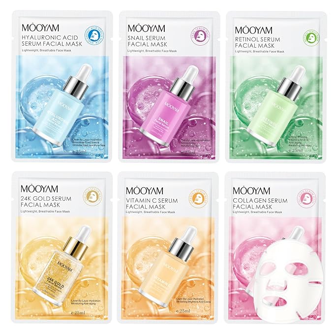 6 Pack Sheet Face Masks Skincare for All Skin Types, Gentle & Nourishing Skincare Face Masks, Suitable for Sensitive Skin, Bulk Facial Mask Set for Women & Face Spa