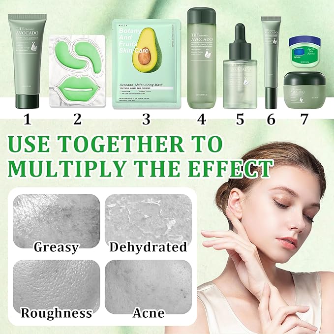 10 Pcs Avocado Skin Care Set with Facial Cleanser,Toner,Face Serum,Face Cream,Eye Cream,Moisturizing Lip Balm,Under Eye Patch and Lip Mask,Hydrating Face Sheet Masks Skin Care Kit for Women and Men