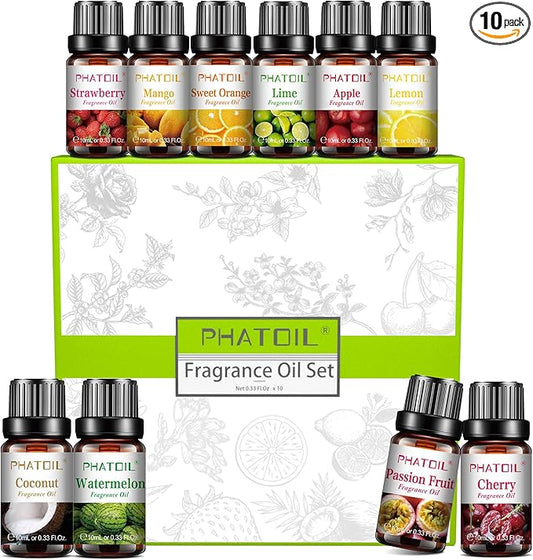 10Pcs Fruity Fragrance Oil Set, Coconut, Cherry, Apple, Strawberry, Mango Candle Scents for Candle Making, Freshie Scents for DIY Soap Making, Diffuser Oil Scents Set