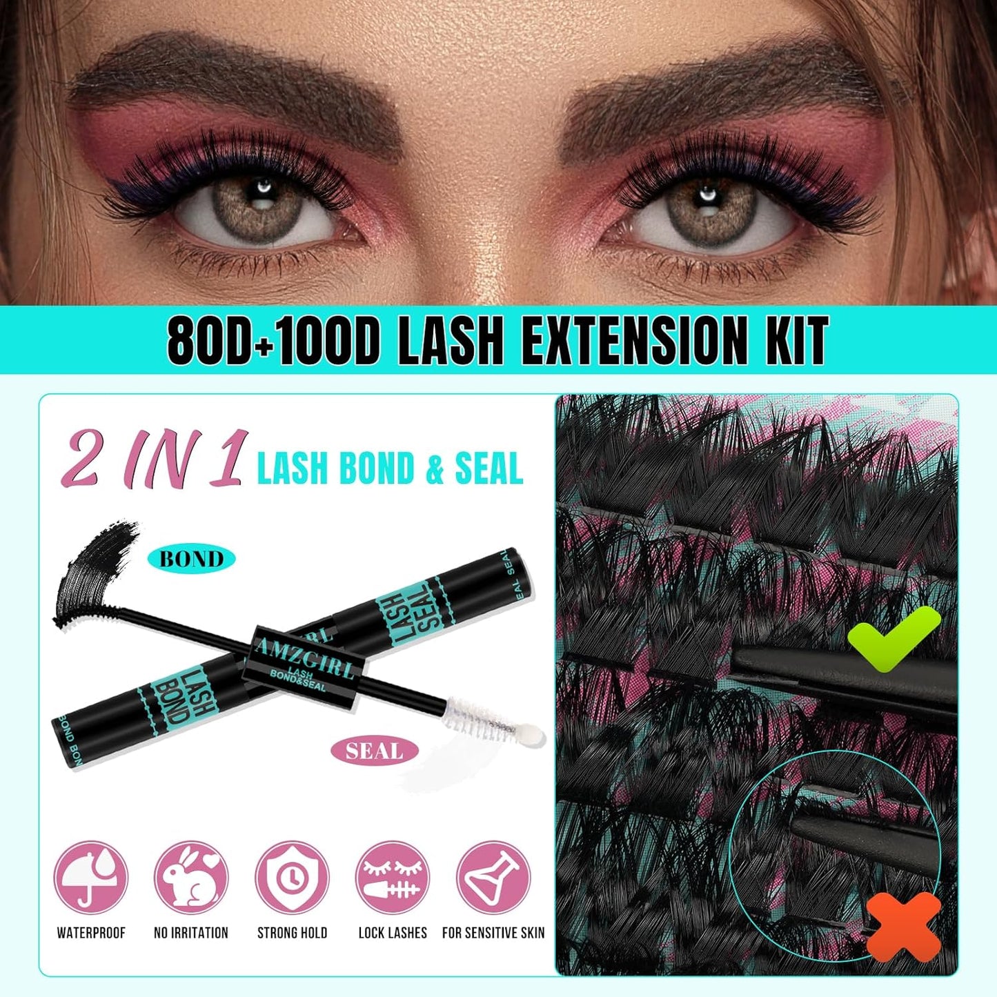 Lash Clusters Kit 320Pcs, 80 100D DIY Individual Extensions, Bond and Seal, Remover, Applicator Tool for False Eyelashes at Home (D-Mix10-16mm)