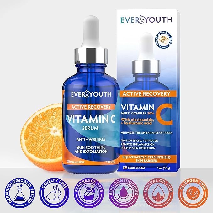 Vitamin C Serum for Face 20% Hyaluronic Acid, Niacinamide, Vitamin E, Collagen Peptides - Skin Brightening Solution for Wrinkles, Dark Spots, Fine Lines - Anti Aging Stem Cell Serum for Face, 1 oz