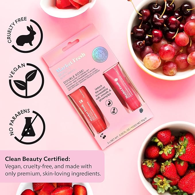 Peptide Glow Lip Serum Set by Market Fresh Beauty - Double Dose Hydrating Lip Care, Cherry & Strawberry Flavors, Vegan, Cruelty-Free, Clean Ingredients, 2 Pack