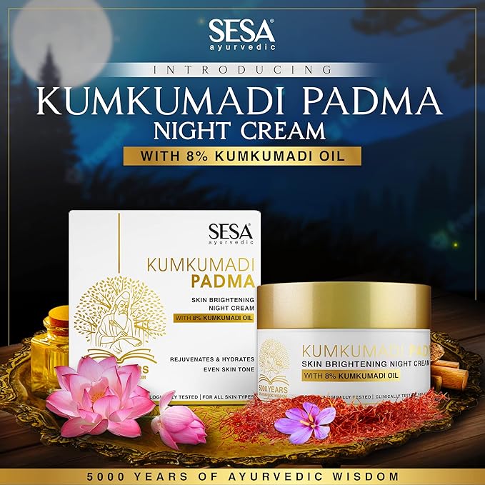 8% Kumkumadi Padma Night Cream Skin Brightening, Helps Reduce fine lines & wrinkles I Promotes Skin Rejuvenation & Skin Repair I Anti -Ageing, Even Skin Tone, 50g or 1.69 Oz