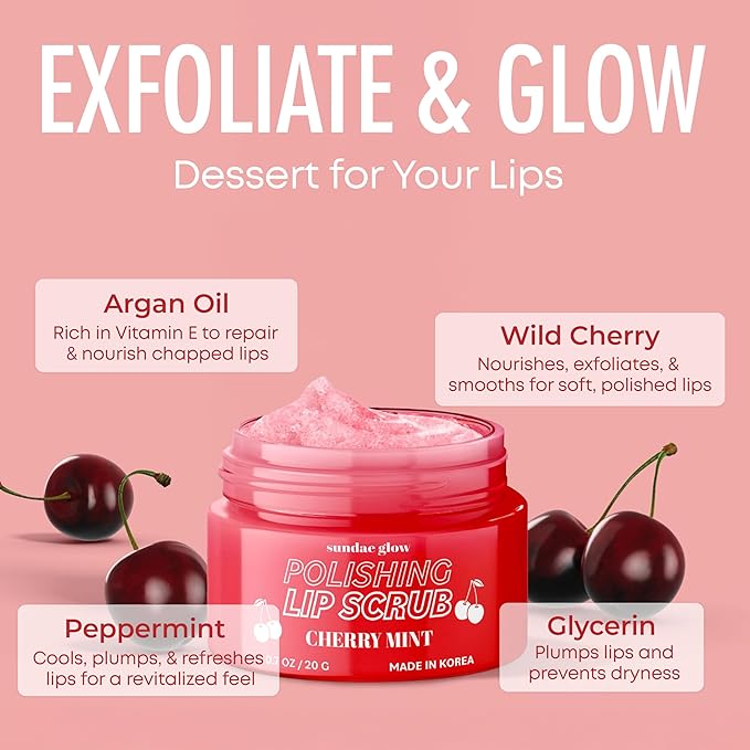 Cherry Mint Lip Scrub - Dermatologist Tested, Anti-Aging, Korean Skin Care, Deep Exfoliation & Hydration - Smooth, Soft, Plump Lips - Clean Beauty, Vegan, Non-GMO - 1 Pack
