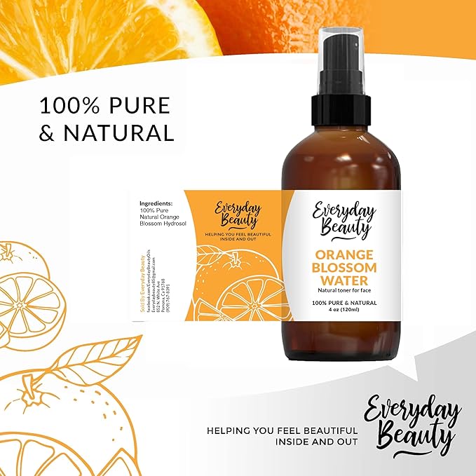 Orange Blossom Water Facial Toner - All Natural Hydrating Spray Mist for Face and Hair - 100% All Natural Orange Blossom Water Hydrosol 4oz with Fine Mist Cap
