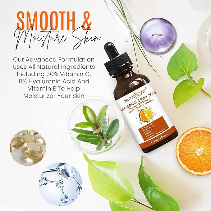 30% Vitamin C Face Serum with Hyaluronic Acid & Vitamin E – Natural Hydrating & Rejuvenating Serum for All Skin Types (4 FL OZ)