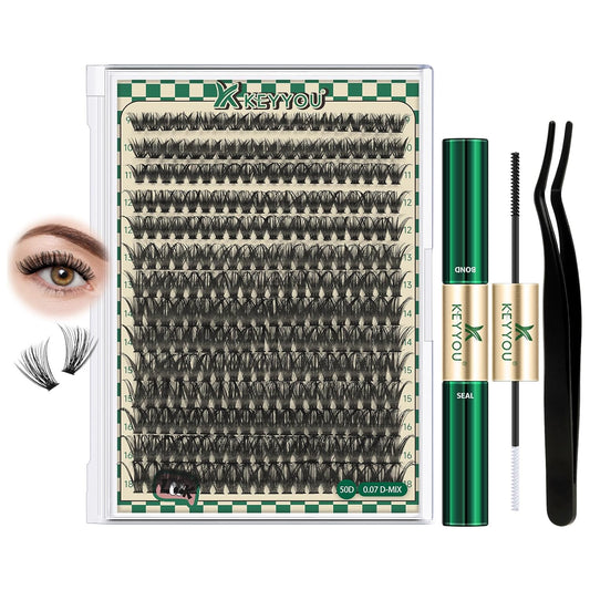 DIY Lash Extension Kit 280pcs Individual Lashes D Curl Eyelash Extension Kit KEYYOU 50D 9-18Mix Natural Lash Clusters with Lash Bond and Seal and Lash Applicator for DIY at Home(KIT-50D-0.07D-9-18Mix)