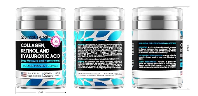 SimplyVital Collagen, Retinol & Hyaluronic Acid Cream - Anti-Aging Retinol Cream for Face, Neck & Décolleté - Made in USA - Daily Moisturizer Face Cream - 3,38 fl oz