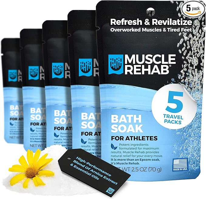 (5) 2.5oz Travel Bath Epsom Soak Packets Arnica Infused Magnesium Salt, Body, Hand and Foot Pain Relief, Sore Feet Relief, Essential Oils in Epsom Salt Foot soak for Pain Relief