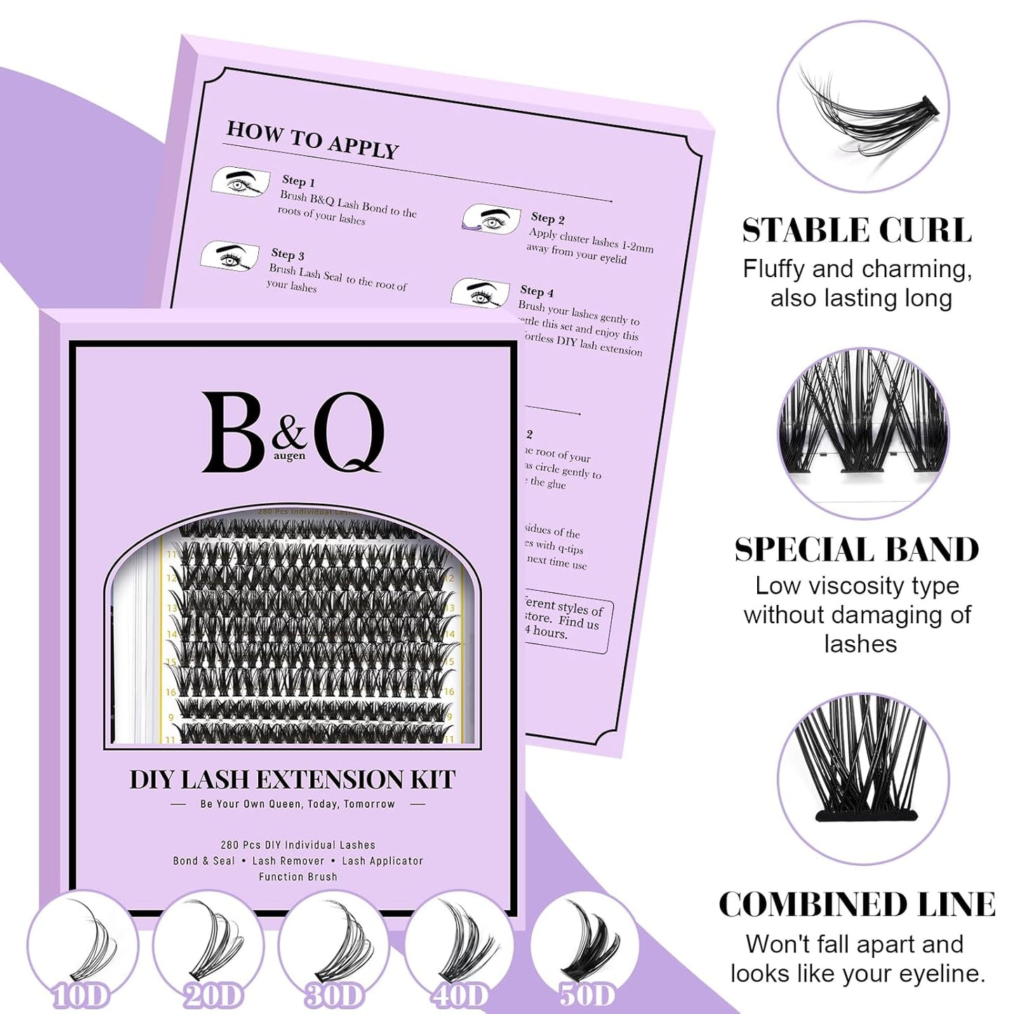 B&Q Lash Clusters Kit 280PCS Eyelash Clusters Kit,40D 50D D 9-16MIX Individual Lash Comfortable Eyelash Extension Set, Classic Look with Bond and Seal Waterproof, Remover DIY at Home(Set,40D+50D)