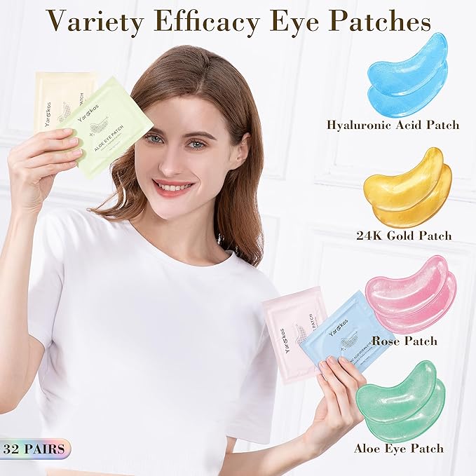 32 Pairs Under Eye Patches, Hydrating Eye Masks for Dark Circles Puffiness Puffy Eyes, Anti Wrinkle Collagen Undereye Pads, 32 Sets Travel Skincare Face Gel (24K Golden+Blue+Pink+Green)