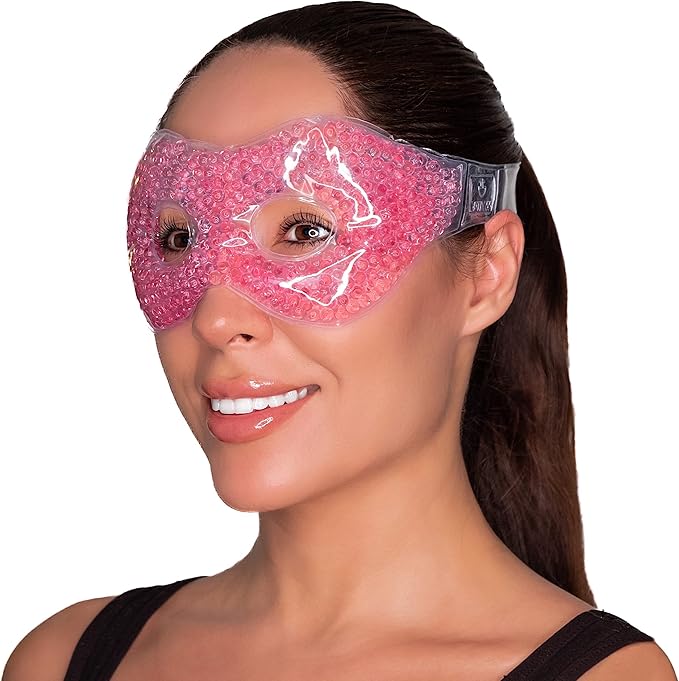 Gel Mask With Eye Holes - Hot Cold Compress Pack for Puffy Eyes, Dry Eyes, Headaches, Migraines, Sinus, Dark Circles - Reusable Face Therapy | Ergo Gel Bead (Pink)