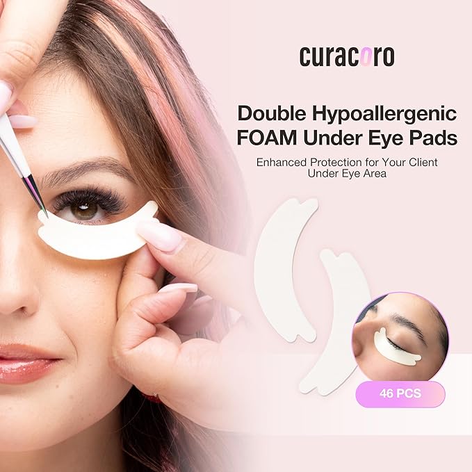 Curacoro Double Foam Eye Pads For Lash Extension, Hypoallergenic Eye Pads Lash Extension Supplies for Oily Skin & Sensitive Eyes, Soft Sticky Pads for Lash Perm Lamination, Lash Remover (46 Pads)