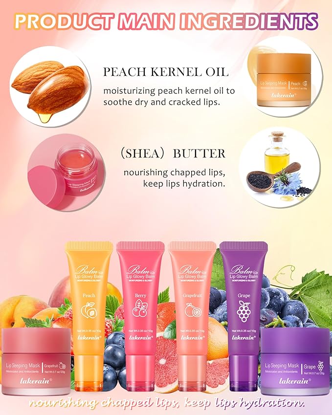 2Pcs Lip Glowy Balm & Lip Sleeping Mask,Hydrating Repair Sleeping Lip Mask,Glossy Tinted Lip Balm,Smooth Cracked Chapped Lip,Lip Care Therapy Treatment,Women's Day Makeup Gift for Women-Grapefruit