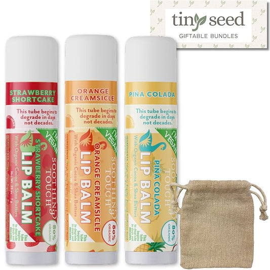 Vegan Lip Balm Set - Variety Pack of 3 Soothing Touch Lip Balms. Large 0.25 oz size. Includes Bonus Muslin Pouch Unique Gift Bundle by Tiny Seed (Strawberry Shortcake, Orange Creamsicle, Piña Colada)