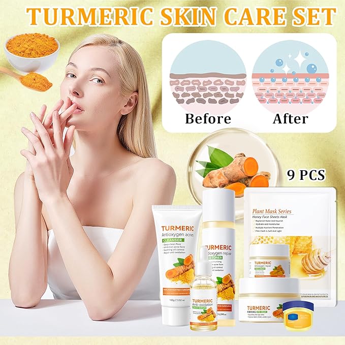 9 Pcs Turmeric Skin Care Set with Facial Cleanser,Toner,Face Serum,Face Cream,Eye Cream,Moisturizing Lip Balm,Hydrating Face Sheet Masks Skin Care Kit for Women and Men