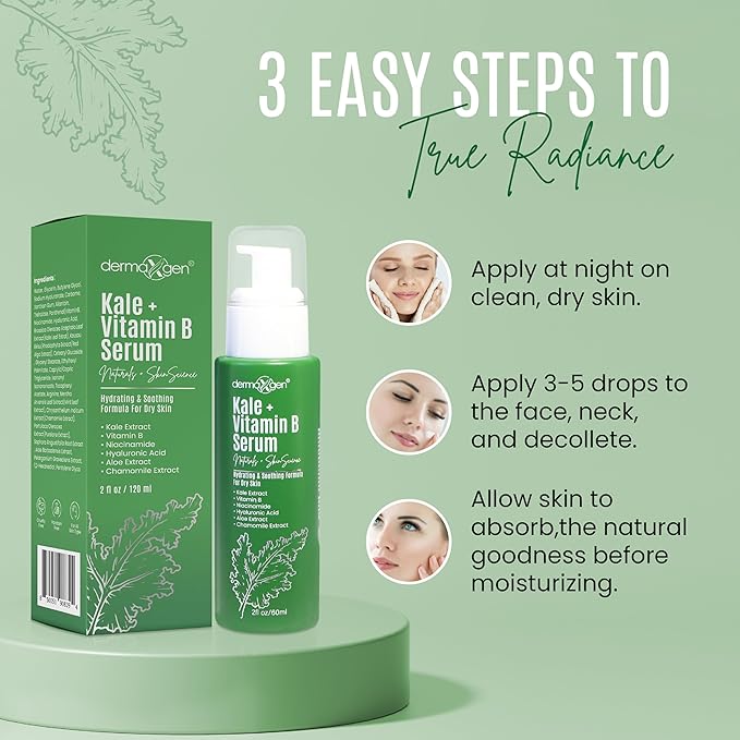 Soothing Skin Care Serum - Kale and Vitamin B Serum - Brightening Serum for All Skin Types - Hydrating Serum with Niacinamide, Hyaluronic Acid - Facial Serum Unclogs Pores, Combats Dryness