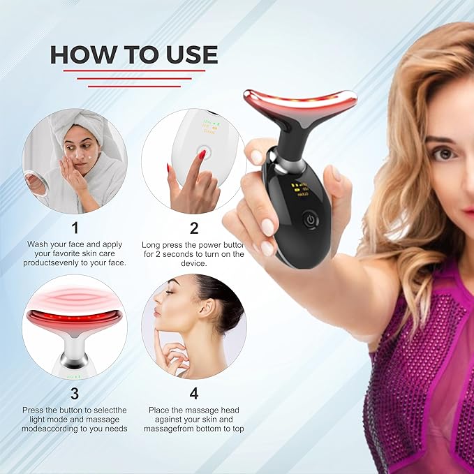 Facial Massager for Face and Neck, Red-Light-Therapy-for-Face and Neck, Face culpting Wand with 7 Color, at-Home Face Tool for Skin Care (Black)