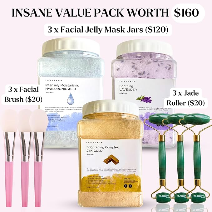VogueNow Jelly Face Mask for Facials - 24K Gold + Lavender + Hyaluronic Acid (Pack of 3) - Hydrating Brightening & Nourishing - Free Jade Roller & Spatula - Professional Hydrojelly Masks - 69 Oz Jar