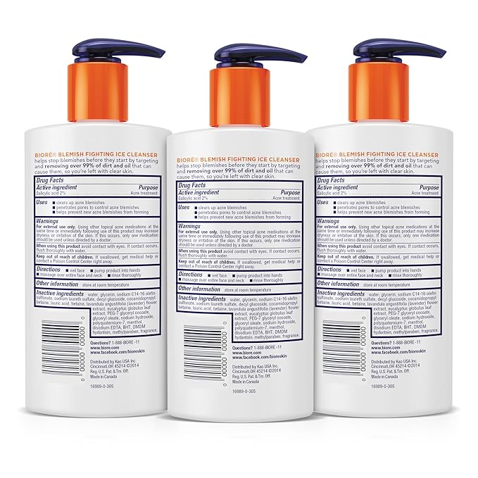 Bioré Blemish Fighting Ice Cleanser Face Wash with Salicylic Acid, Clears and Helps Prevent Acne Breakouts, Cools & Refreshes Skin, Oil Free, 6.77 Oz (Pack of 3)
