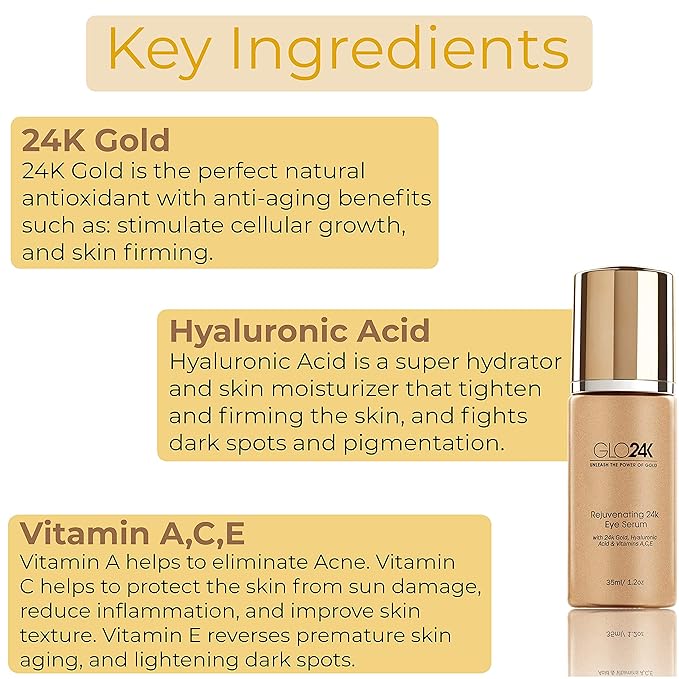 GLO24K Rejuvenating 24k Eye Cream and Serum With 24k Gold, Hyaluronic Acid, Vitamins A,C,E
