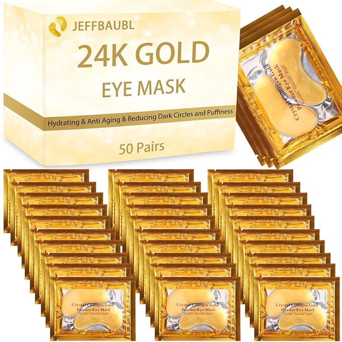 Jeffbaubl 50 Pairs 24K Gold Eye Mask,Under Eye Patches for Dark Circles and Puffiness,Eye Patches Gel Crystal Collagen Eye Mask,Anti Aging Eye Pads Used for Eye Bags Women and Men