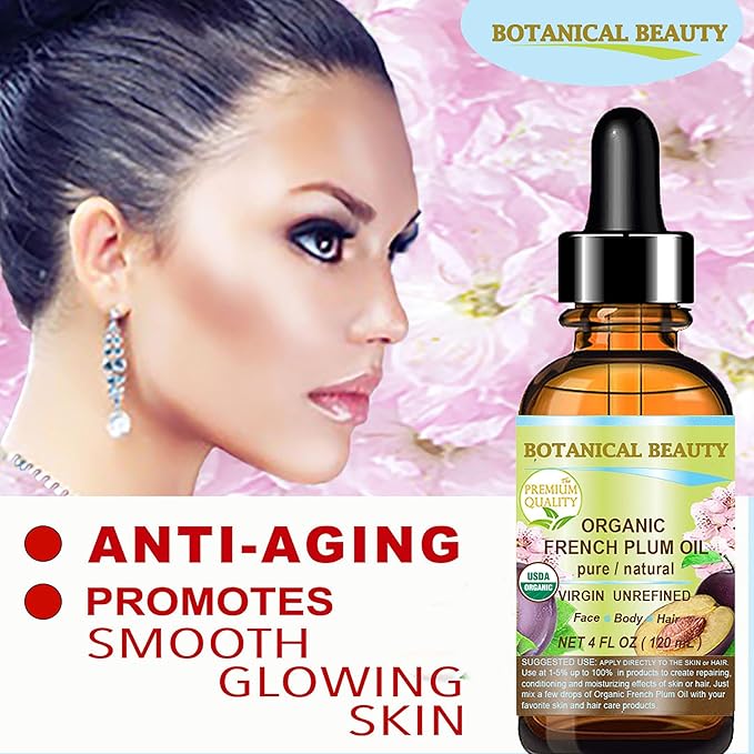 Botanical Beauty Organic French PLUM OIL 100% Pure Natural VIRGIN UNREFINED Cold-Pressed Carrier Oil 2 Fl oz 60 ml for Face, Skin, Body, Hair, Lip, Nails. Rich in Vitamin E, Omega 6, Omega 9