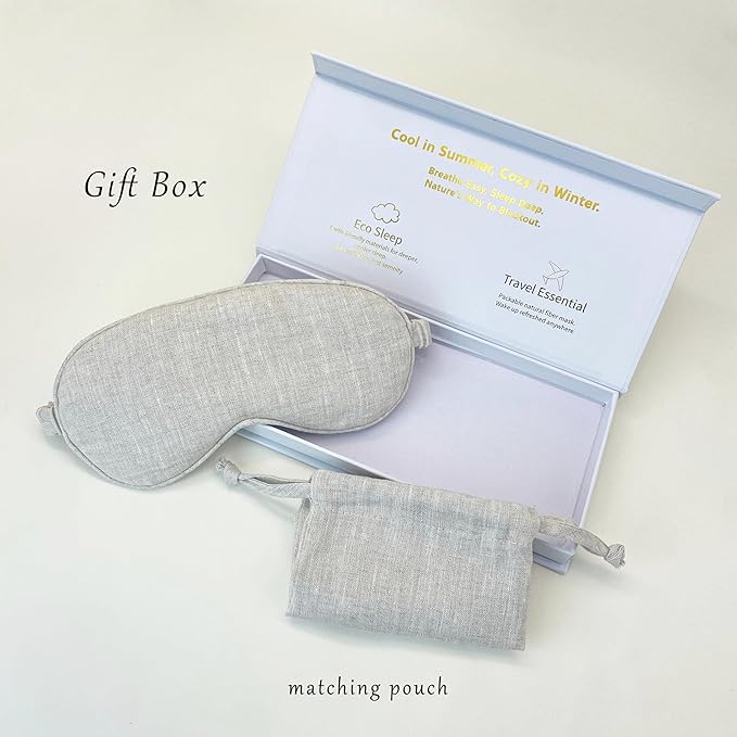 Pure Linen Eye Mask, 100% Linen Eye Mask for Girls,Travel Breathable Sleep Mask,Adjustable Strap, Hypoallergenic, Cooling with Travel Bag Gift Package(Oat)