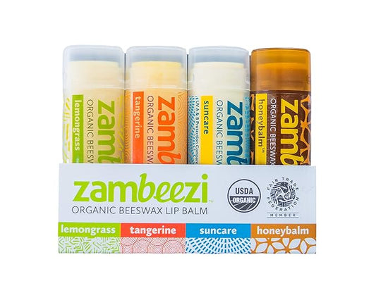 Fair Trade, Organic Beeswax Lip Balm - Variety 4 Pack (Lemongrass, Tangerine, Suncare and Honeybalm) - Ethically Sourced