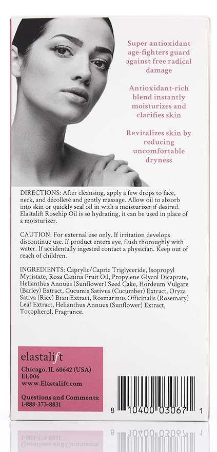 Elastalift Rosehip Oil for face with Vitamin C and Cucumber. Pure Rosehip face oil helps with Wrinkles, Scarring, and Redness for a brighter skin complexion. 1.8 Fl Oz (Pack of 2)