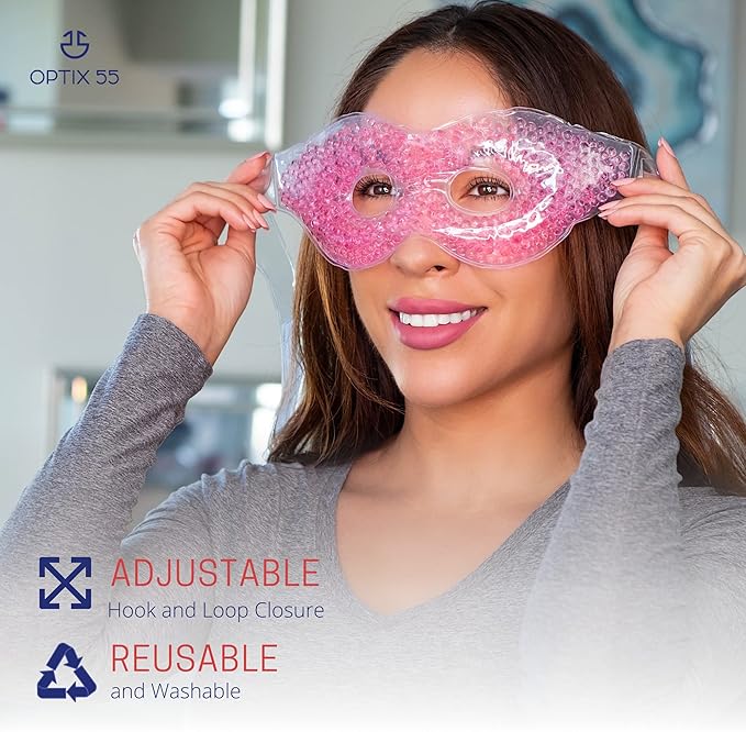 Gel Mask With Eye Holes - Hot Cold Compress Pack for Puffy Eyes, Dry Eyes, Headaches, Migraines, Sinus, Dark Circles - Reusable Face Therapy | Ergo Gel Bead (Pink)