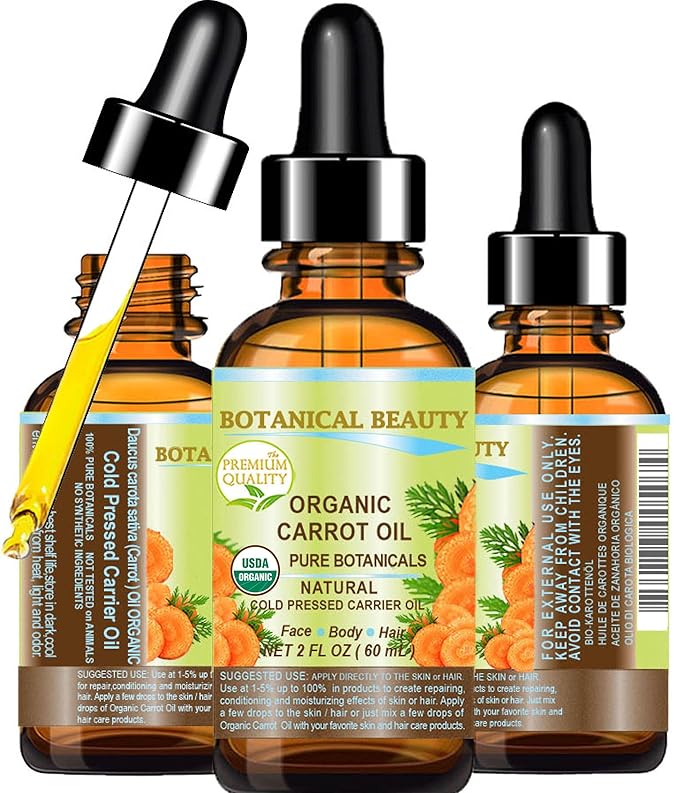 Botanical Beauty Organic CARROT SEED OIL 100% Pure VIRGIN UNREFINED Undiluted Cold Pressed Carrier Oil 2 Fl.oz.‐ 60 ml. for Face, Skin, Body, Hair, Lip, Nails. Rich in Beta Carotene, Vitamin E