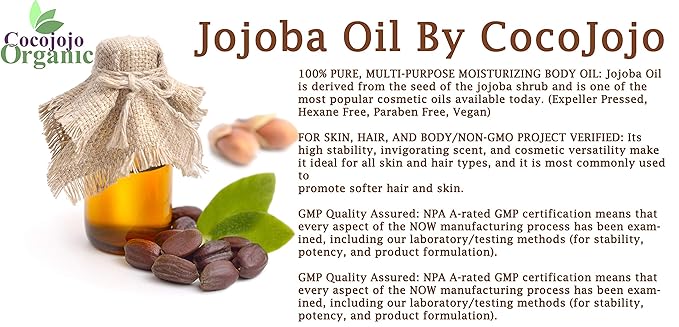 Cocojojo Jojoba Oil Organic, Jojoba Oil for Hair Growth, Jojoba Oil for Skin, Jojoba Oil for Face, 100% Pure Natural, Cold Pressed, Deep Moisturizing Anti-Aging, Essential Oils -128 Fl Oz
