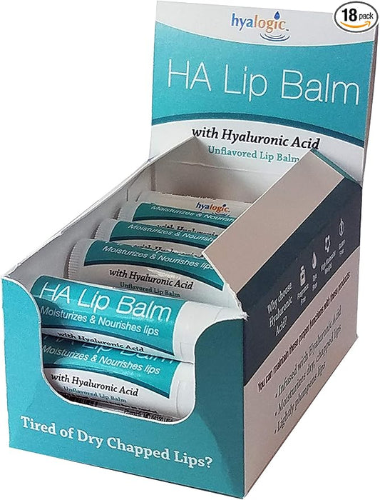 Hyalogic HA Lip Balm - Hyaluronic Acid & Organic, Natural Coconut Oil - Soothes Dry, Chapped Lips - Plumping, Moisturizing & Nourishing - Unflavored - Fragrance & Dye Free - 4.25g - 18 Sticks