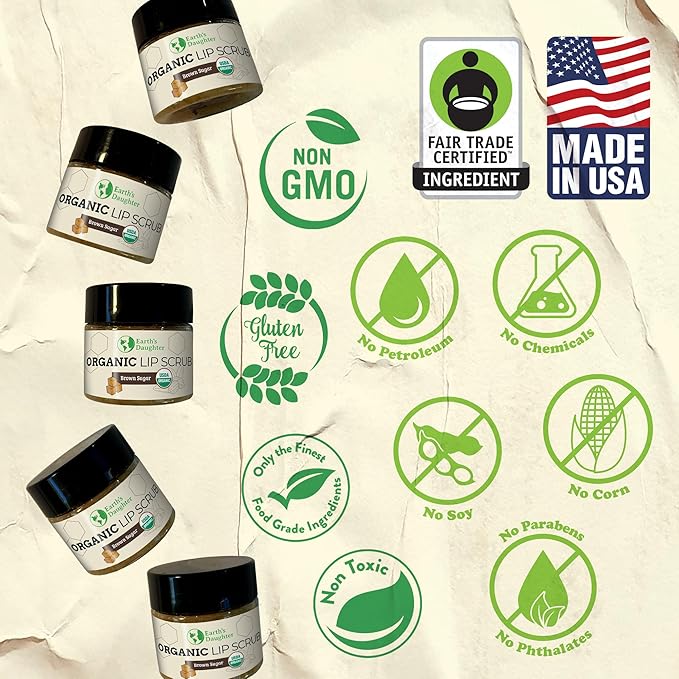 Earth's Daughter Organic Brown Sugar Lip Scrub 0.7 oz - USDA Organic Lip Exfoliator Scrub for Dry Lips - Fair Trade, Brown Sugar, Jojoba Oil, Beeswax, Coconut Oil - Scrubber Exfoliator