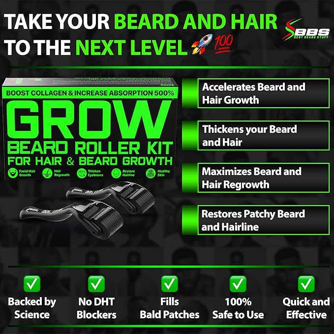 Beard Growth Kit w/Gummies Beard Growth Supplement & Hair Growth Vitamins for Men + Beard Roller Kit (2-pack: Hair Follicle Stimulator Beard Roller for Hair Growth Men Use as a Follicle Booster) USA