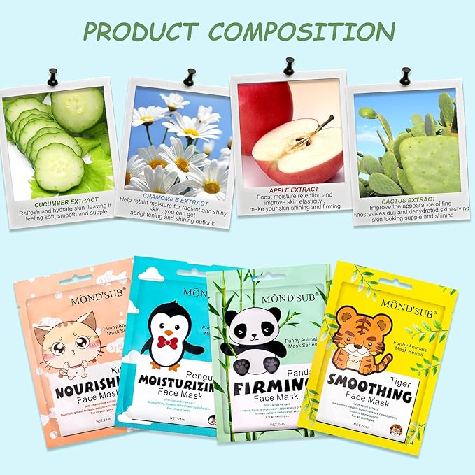 Animal Spa Beauty Mask, Character Masks Sheet-(Pack of 5) Tiger Smoothing Firming Nourishing Moisturizing Effects For All Skin Types- Birthday Party Gift for her, Girls Night, Spa Night, Beauty Gift