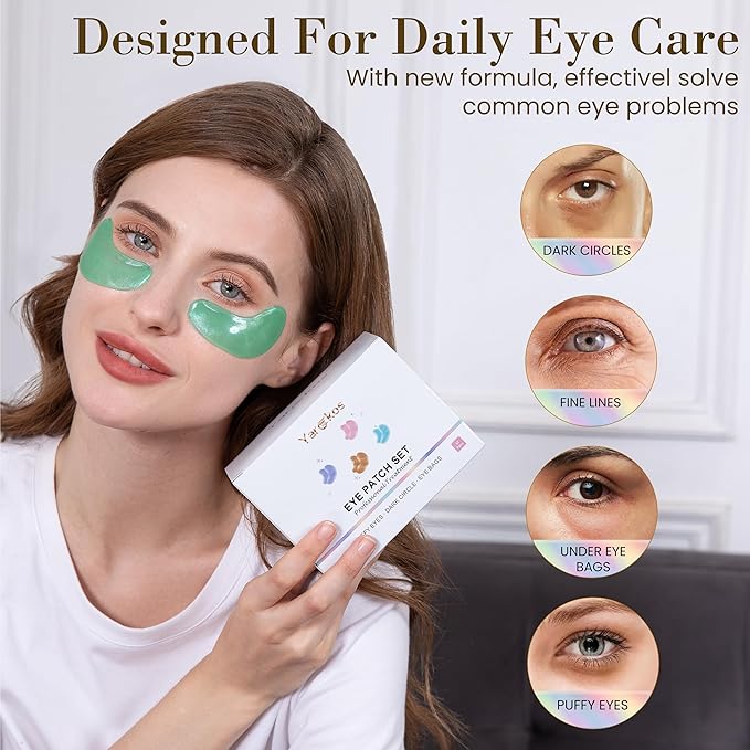 32 Pairs Under Eye Patches, Hydrating Eye Masks for Dark Circles Puffiness Puffy Eyes, Anti Wrinkle Collagen Undereye Pads, 32 Sets Travel Skincare Face Gel (24K Golden+Blue+Pink+Green)