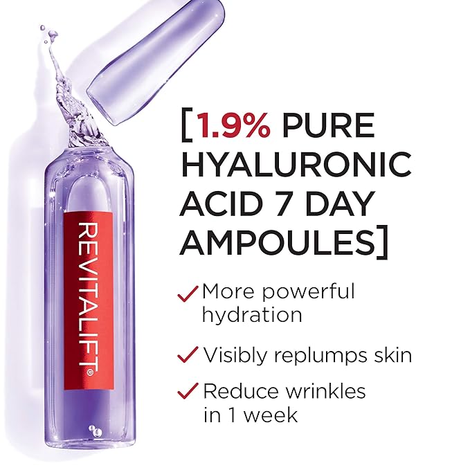 L'Oreal Paris Revitalift Derm Intensives Hyaluronic Acid Serum Ampoules 7 Day Boost Pure Hyaluronic Acid Anti-Aging Ampoules to visibly replump skin in 7 days, 7 Ampoules, 0.28 fl; oz.